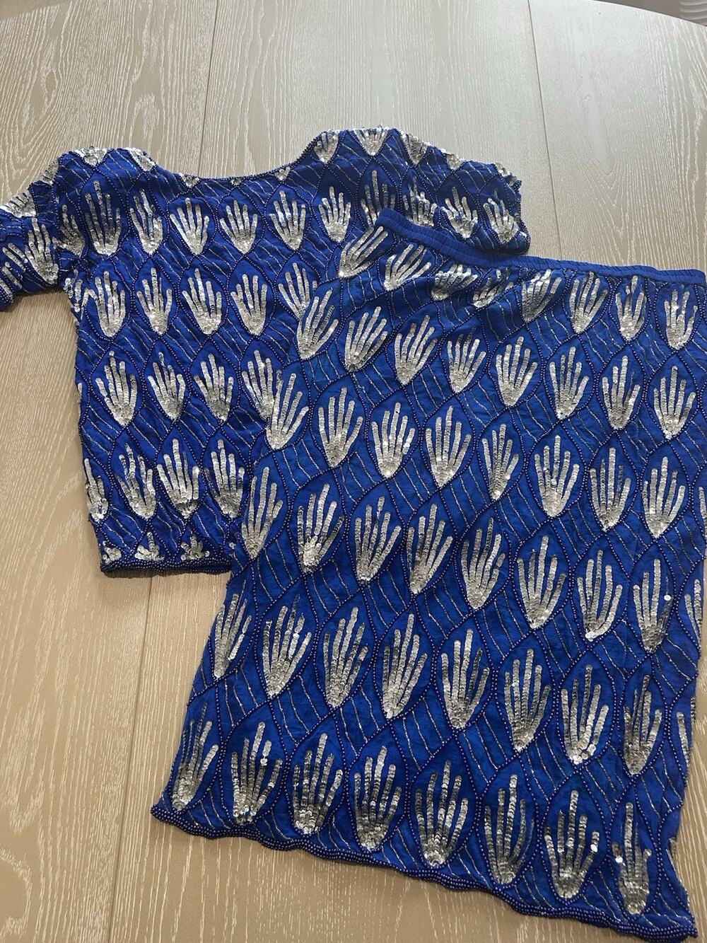Vintage Dominique Silk Top With Skirt Blue Size Large, Sequins, No Tag On Skirt